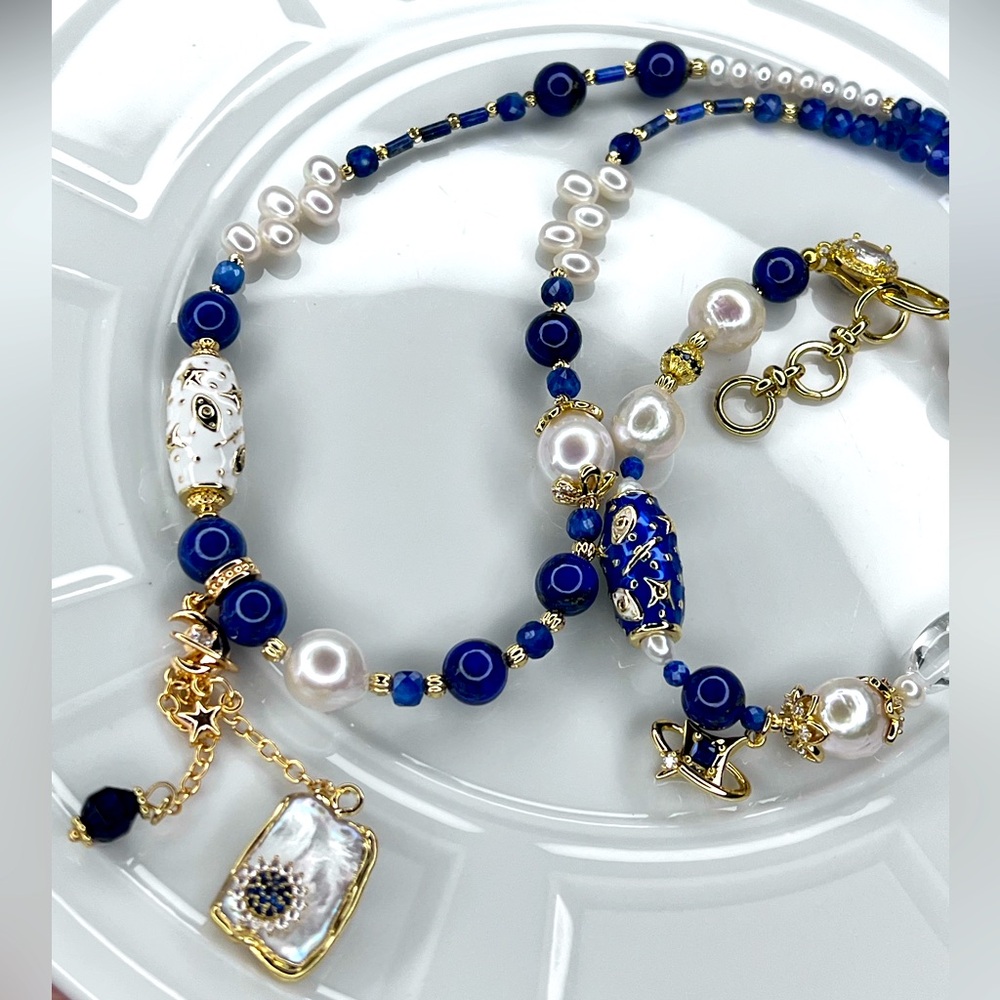 🤩🤩 Handmade Freshwater Edison Pearl Lapis Clear Quartz Necklace Bracelet SET - Picture 4 of 6